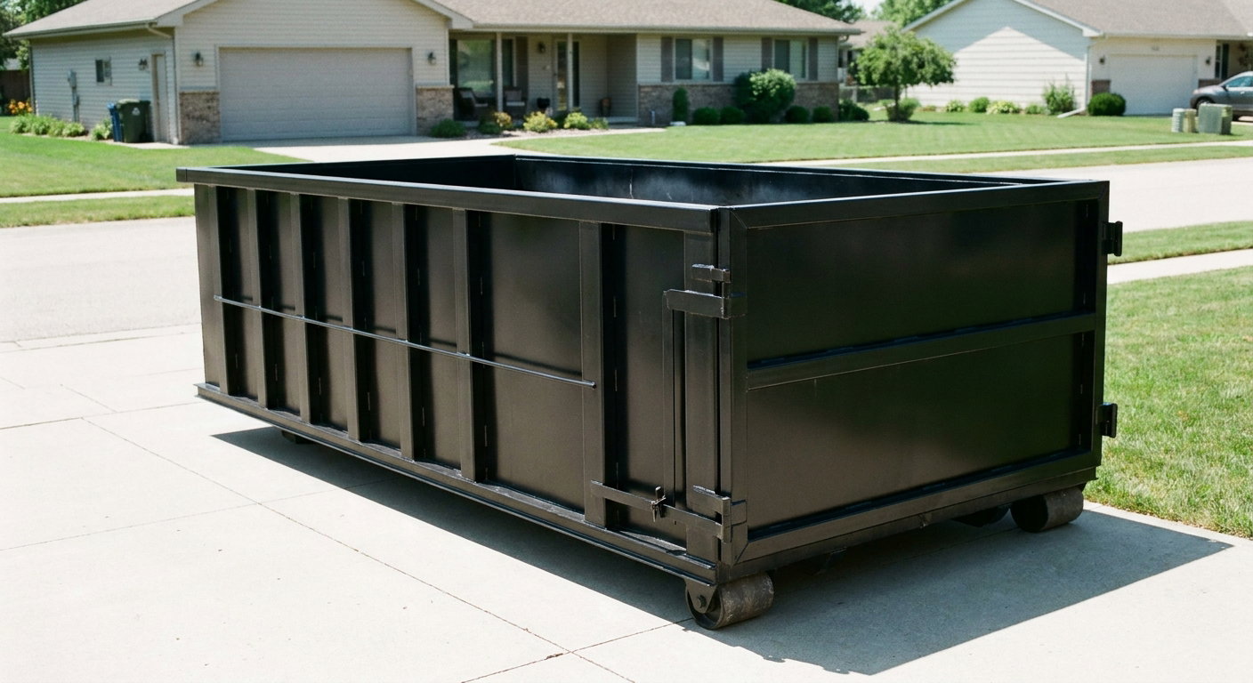 Matte-black 10-yard roll-off dumpster on a residential concrete driveway in Davenport, uniformly painted matte black across every panel and rail, ribbed steel sidewalls and rear swing door visible, mid-day daylight.