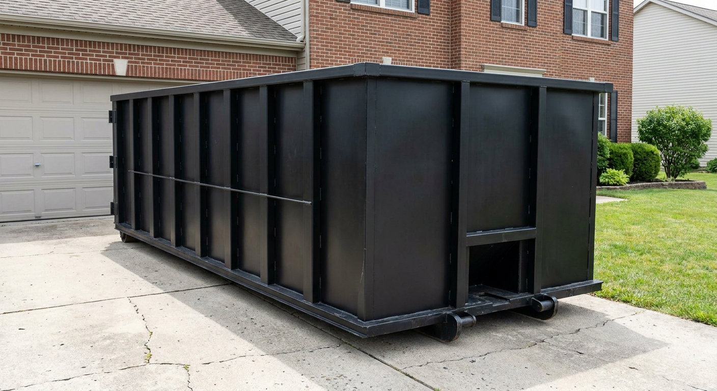 Matte-black 20-yard roll-off container on a Davenport residential concrete driveway with reinforced ribbed steel sidewalls and a hinged rear walk-in door, clean bright daylight.