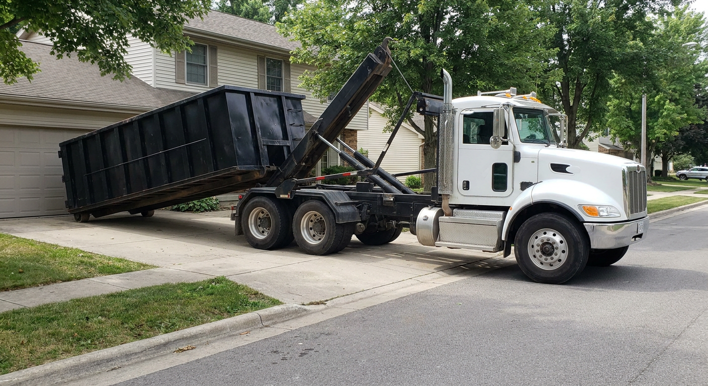 White-cab hooklift roll-off truck actively lowering a matte-black dumpster onto a Davenport residential concrete driveway, the dumpster's rear wheels touching the driveway as the hoist arm tilts the bed forward, mid-morning daylight.