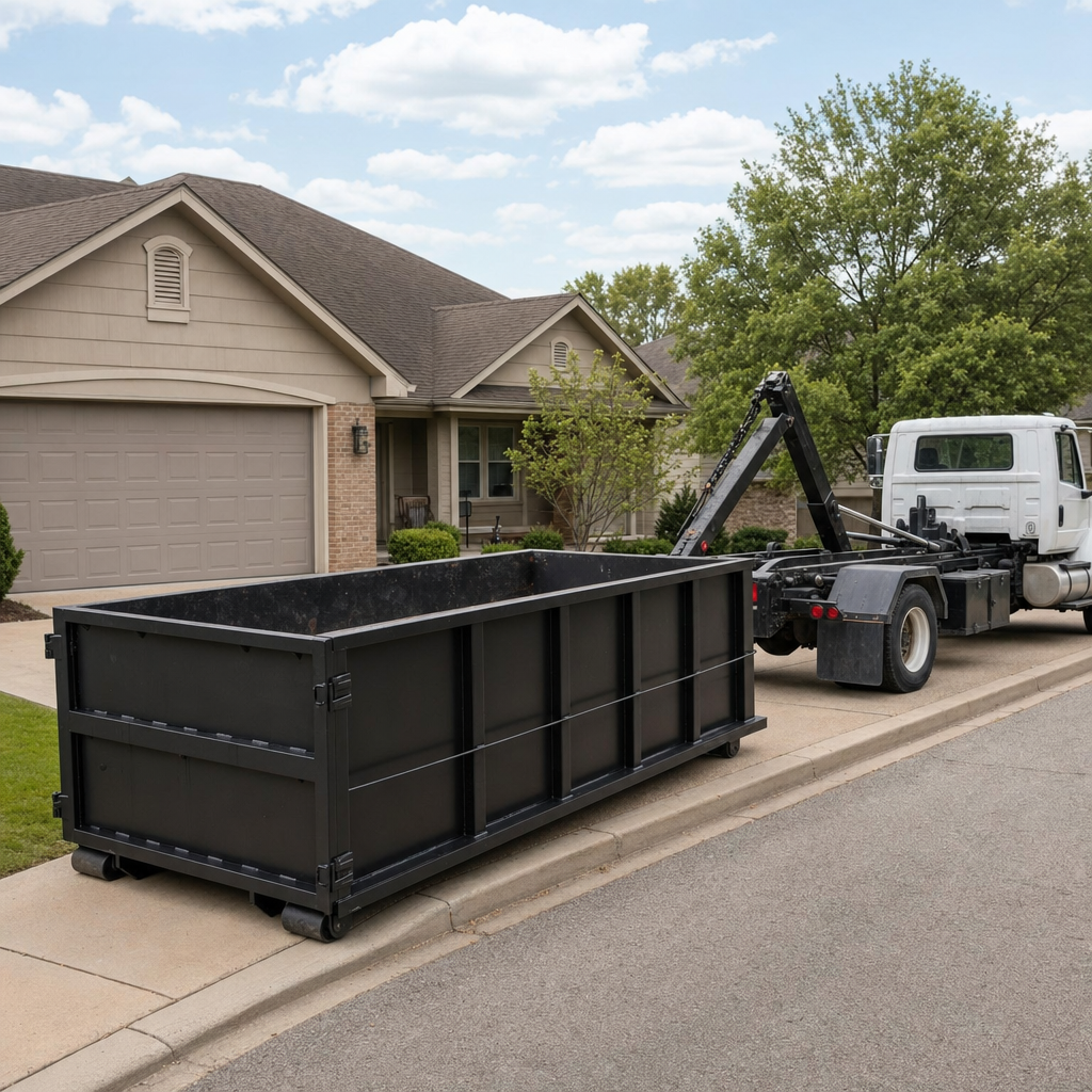 Wide documentary shot of a matte-black roll-off dumpster on a Davenport residential driveway in the foreground and a contractor jobsite container in the soft-focus background, bright daylight, calm and orderly composition.