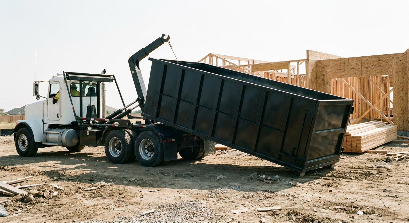 Matte-black roll-off dumpster being delivered onto a clean residential concrete driveway in Davenport by an unmarked white hooklift hauler truck, bright morning daylight, documentary 35mm perspective.